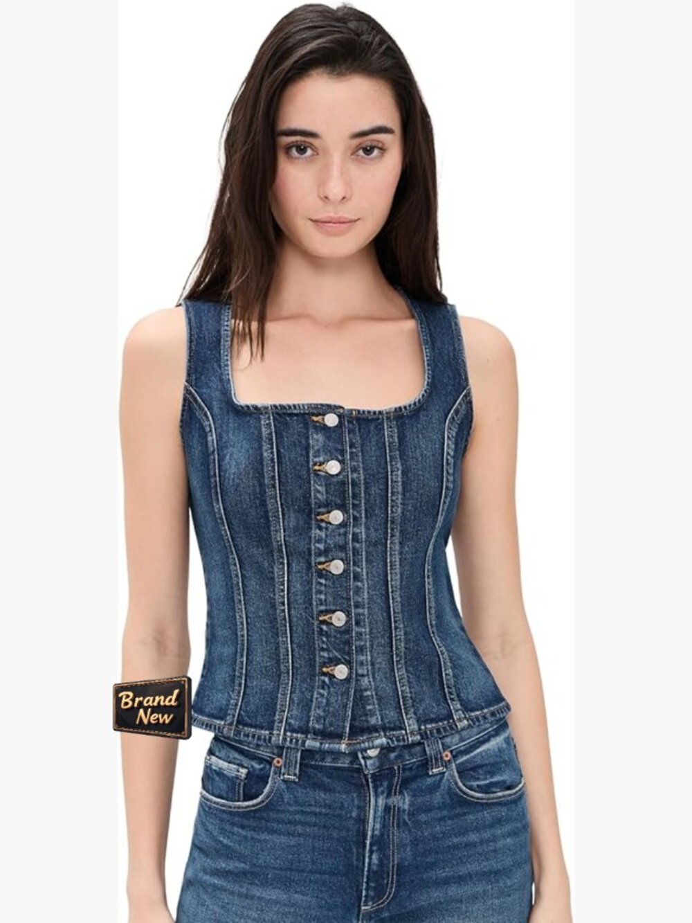 Slim Fit Sleeveless Button Down Denim Vest Medium Stretch Cotton